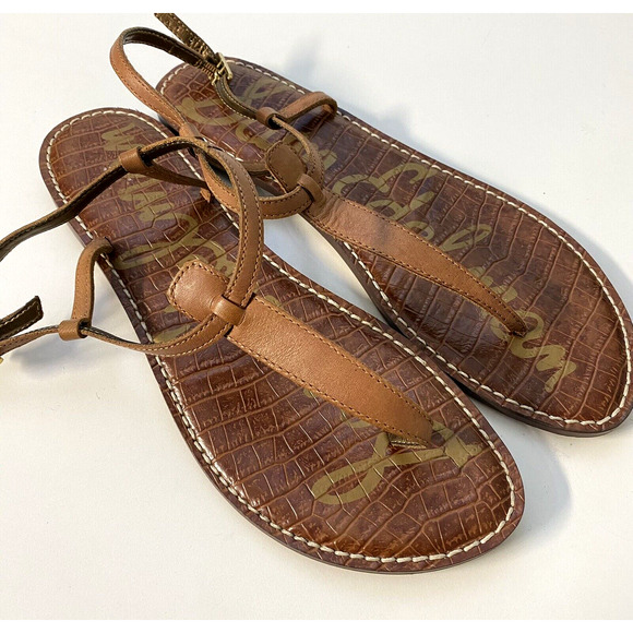 Sam Edelman Gigi Brown T Strap Flat Sandal Leather Thong Ankle Strap 7 - Picture 2 of 6